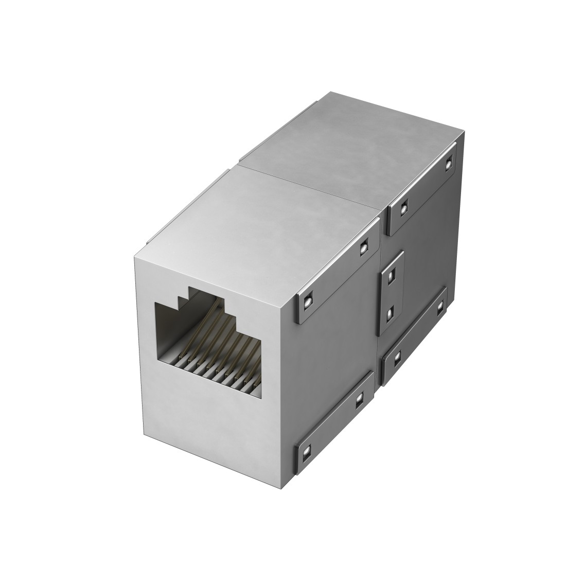 RJ45-Stecker. Ein silberfarbener Metallstecker mit Kunststoffeinsatz. Der Stecker hat eine rechteckige Form.