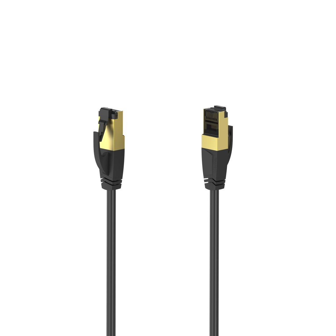 Zwei schwarze Netzwerkkabel mit goldenen Steckern.