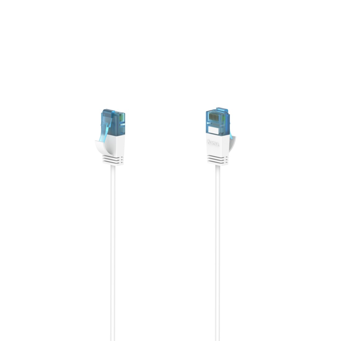Zwei weiße Hama Ethernet-Kabel mit blauen Steckern auf weißem Hintergrund.