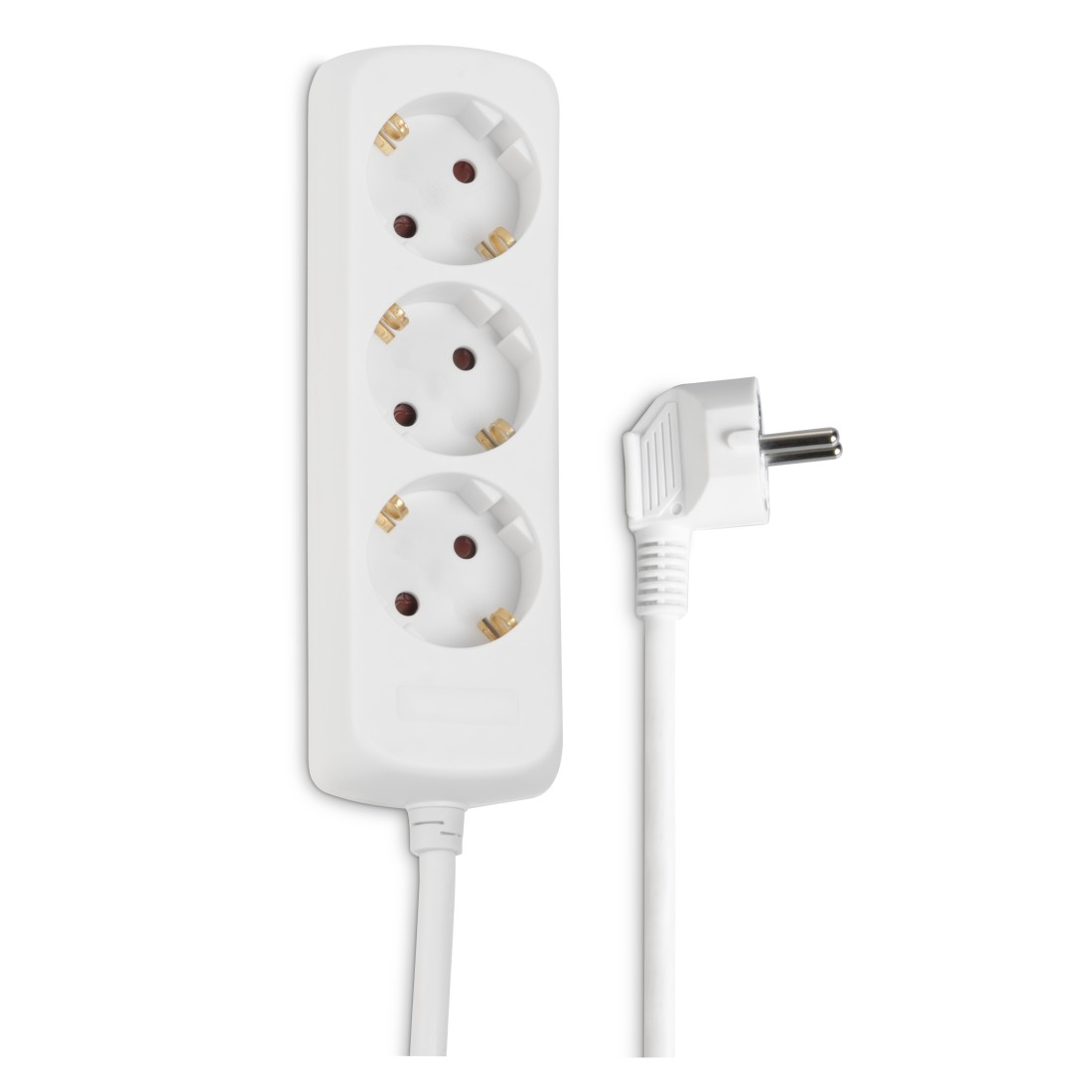 Eine weiße Steckerleiste mit drei Steckdosen und einem weißen Netzkabel mit rechtwinkligem Stecker auf weißem Hintergrund.