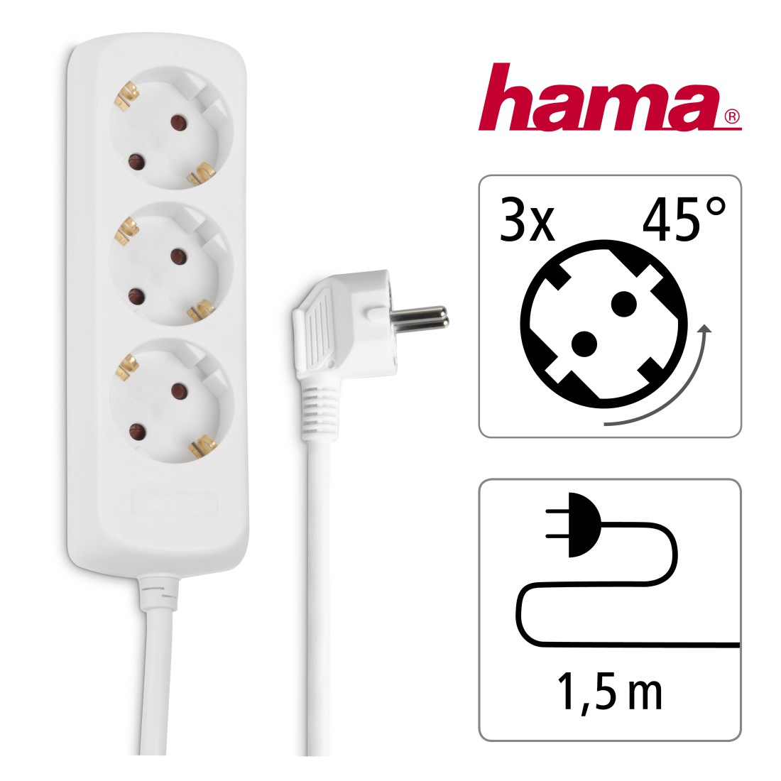 Weiße Steckerleiste mit drei Steckdosen und einem abgewinkelten Stecker.