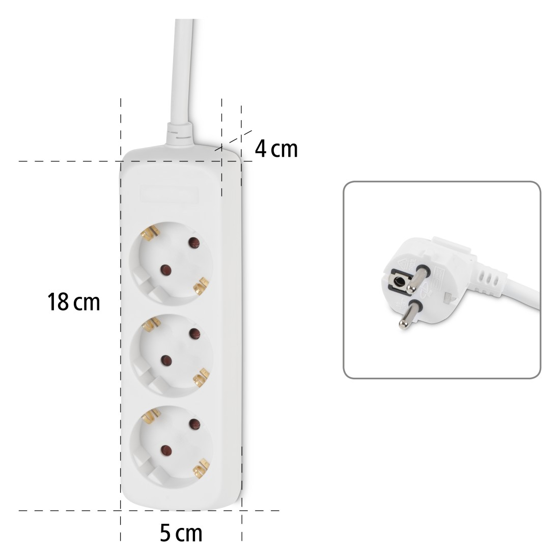 Weiße Mehrfachsteckdose, 18x5x4cm, mit drei Steckplätzen und Stecker.