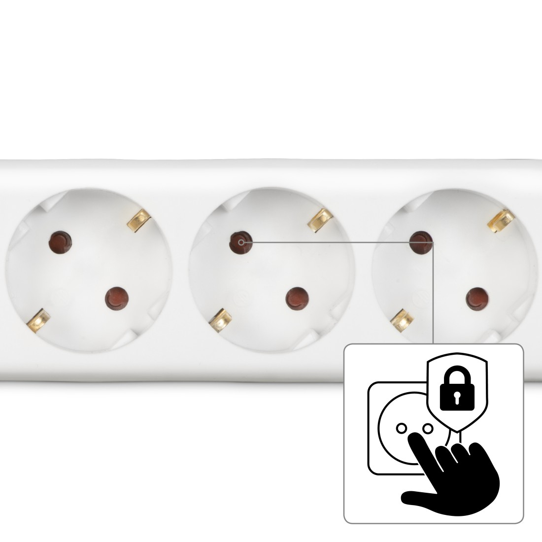 Detailaufnahme einer Steckdosenleiste mit Kindersicherung und einem Symbol für einen Finger, der hineindrückt.