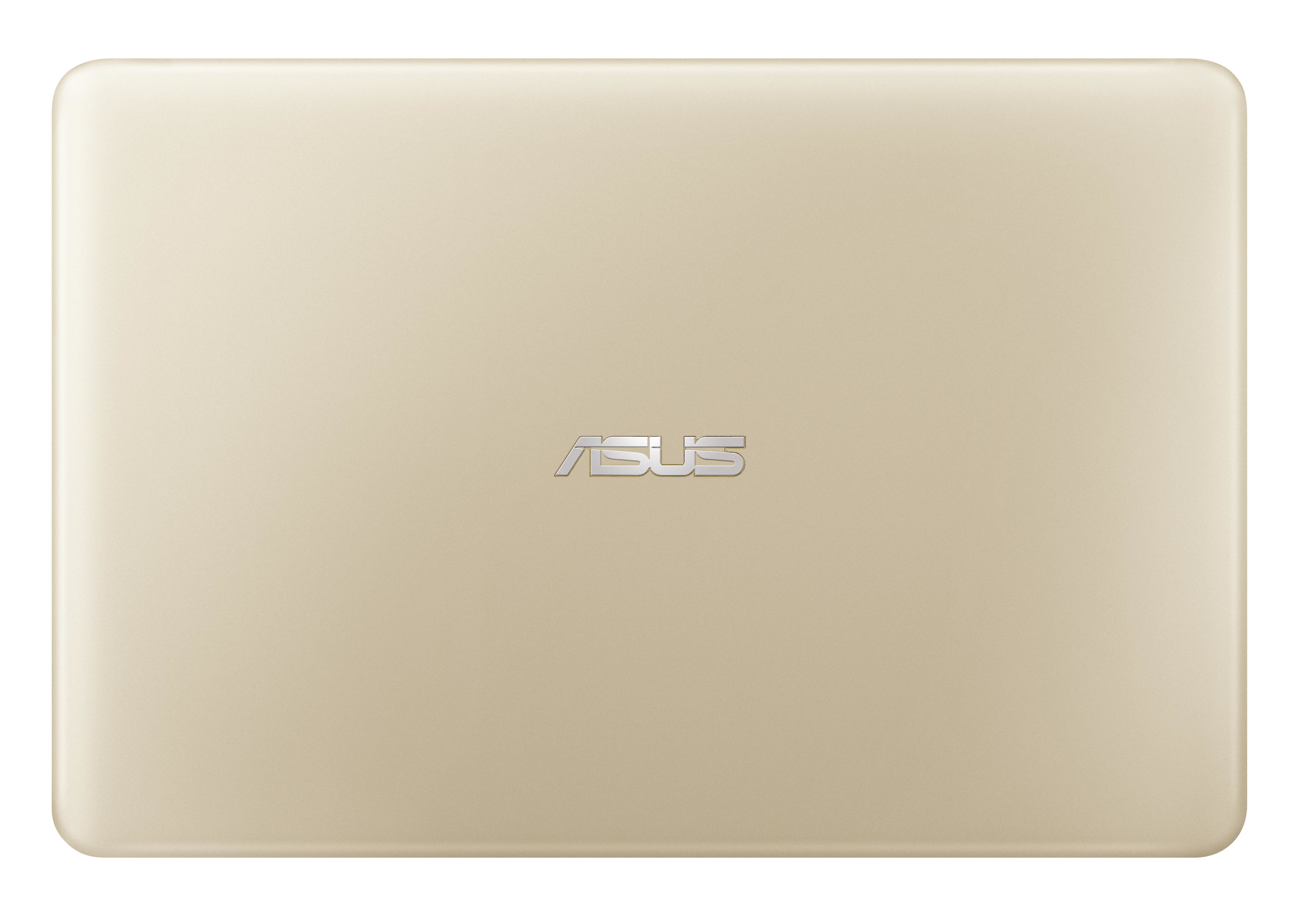 Die geschlossene Oberseite eines goldenen Asus-Laptops zeigt mittig das silberne Markenlogo auf einfarbigem Hintergrund.