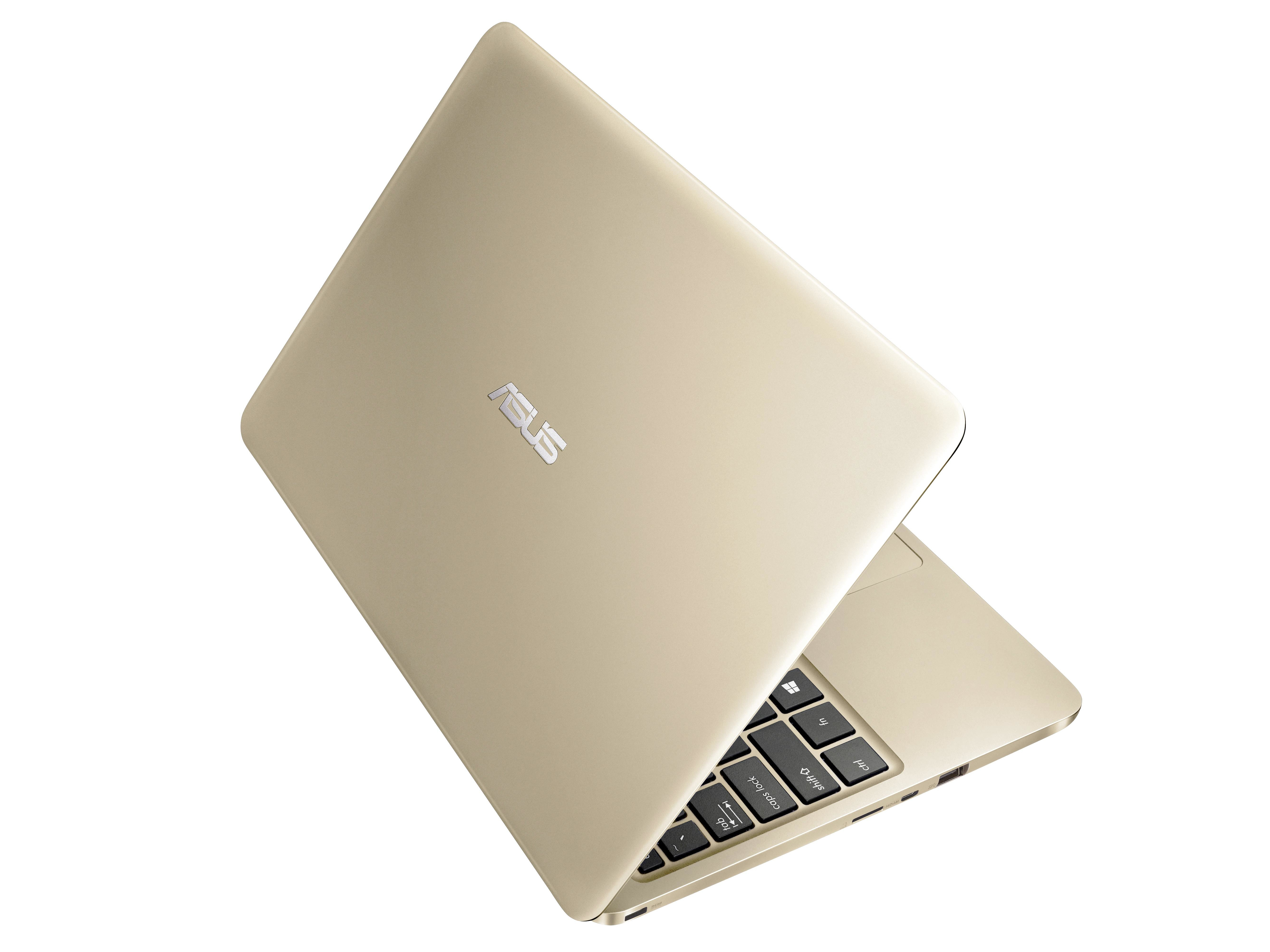 Ein goldfarbener ASUS-Laptop steht auf weißem Grund und zeigt Tastatur und Logo auf dem Deckel.