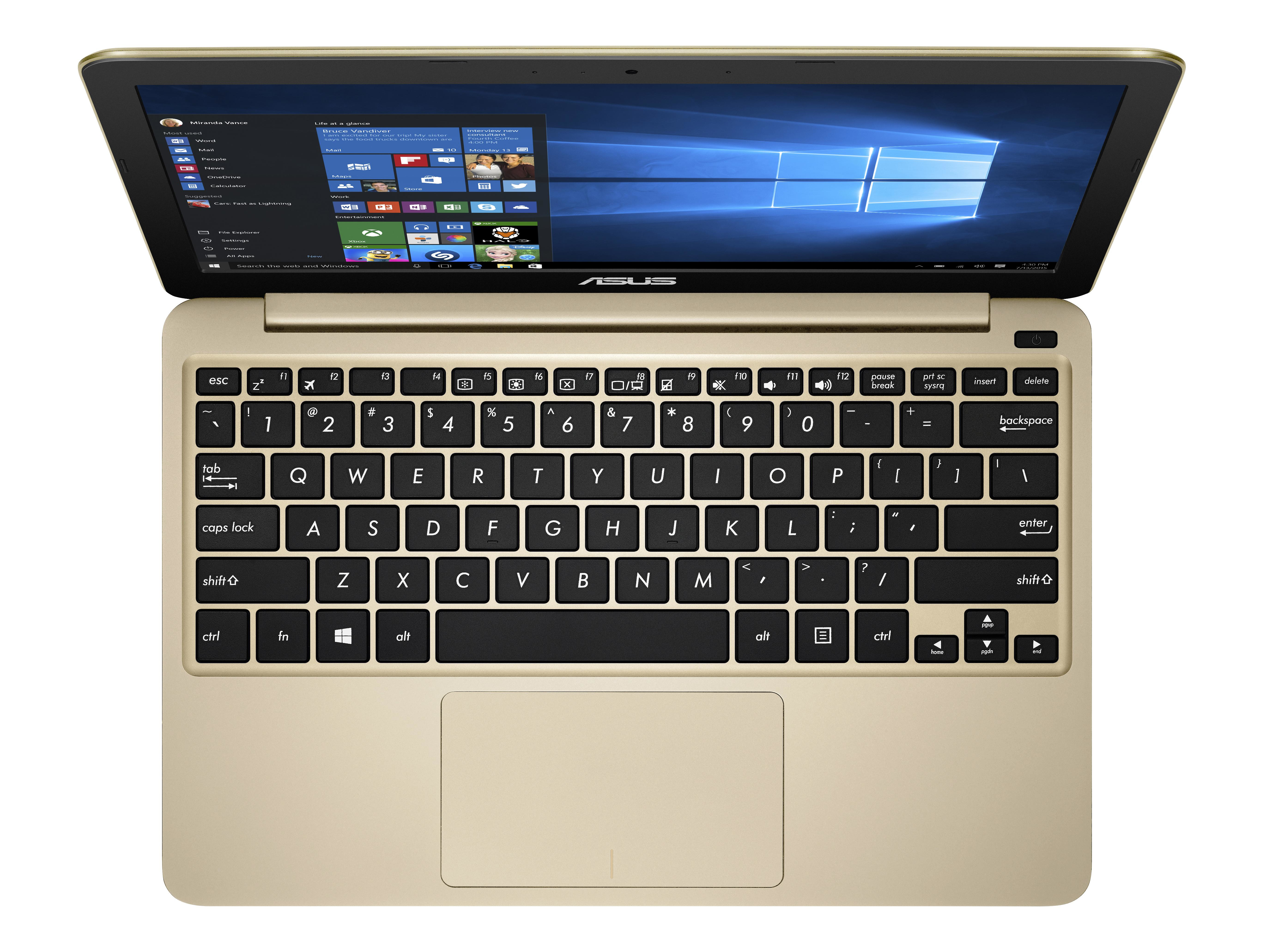 Ein goldener Asus-Laptop mit schwarzer Tastatur und blauem Windows-Startbildschirm.