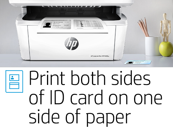 Ein HP Drucker druckt einen Ausweis, mit Text zum beidseitigen Drucken.