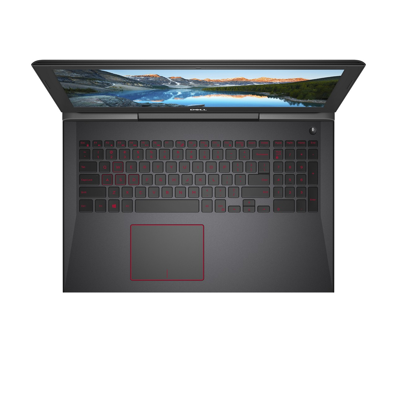 Ein schwarzer Dell-Laptop, geöffnet, mit Tastatur und rotem Touchpad. Weißer Hintergrund.