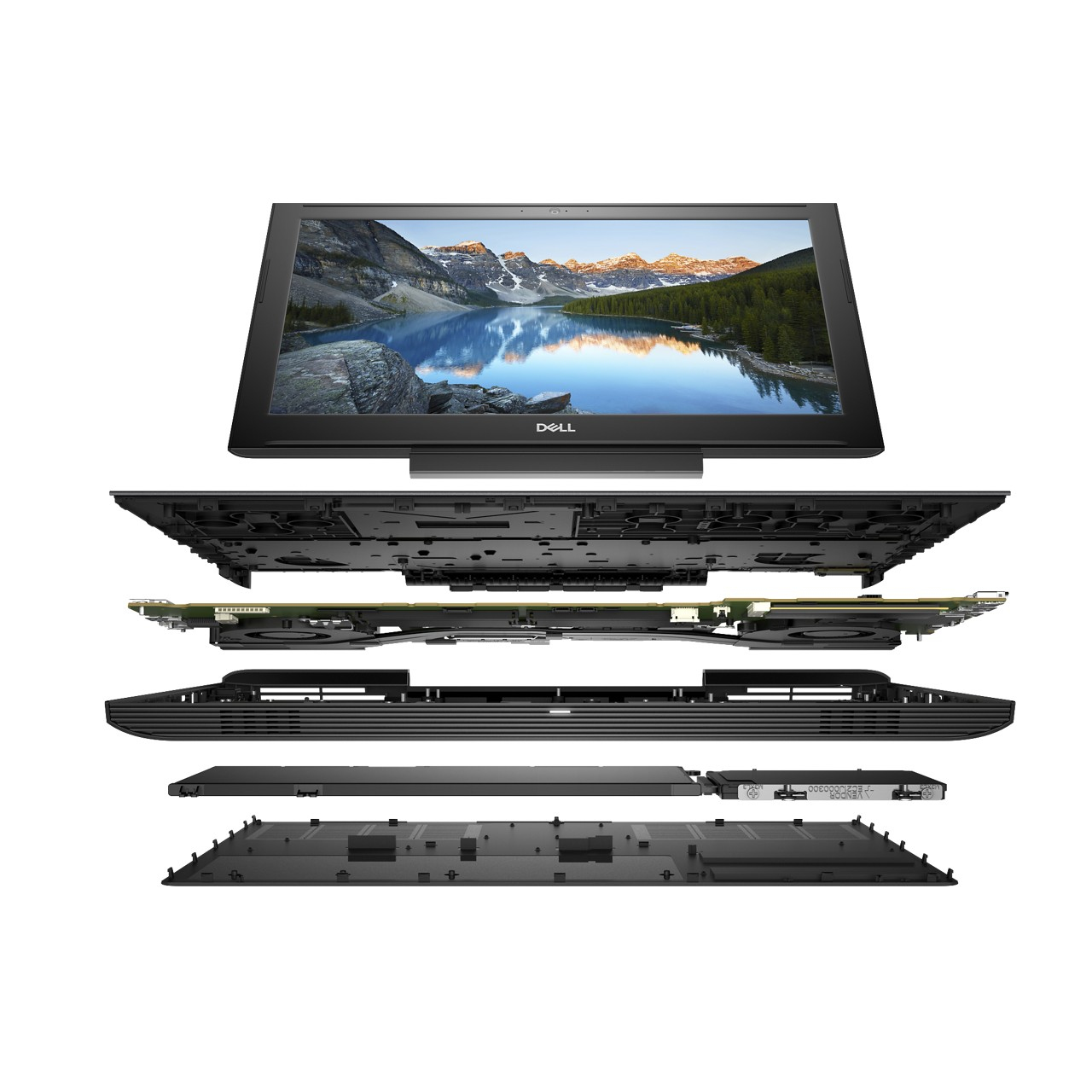 Schwarzer Dell Laptop mit Berg- und Wasserszene auf dem Bildschirm.