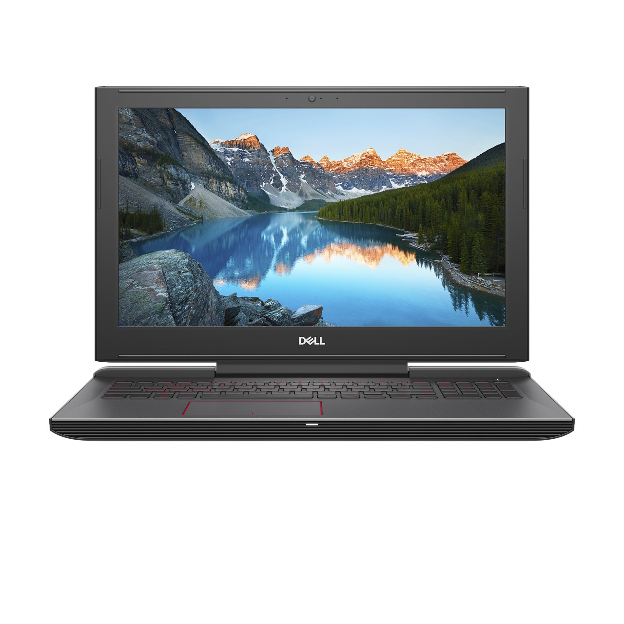 Ein Dell Gaming-Laptop, Vorderansicht, Bildschirm zeigt eine Berglandschaft.