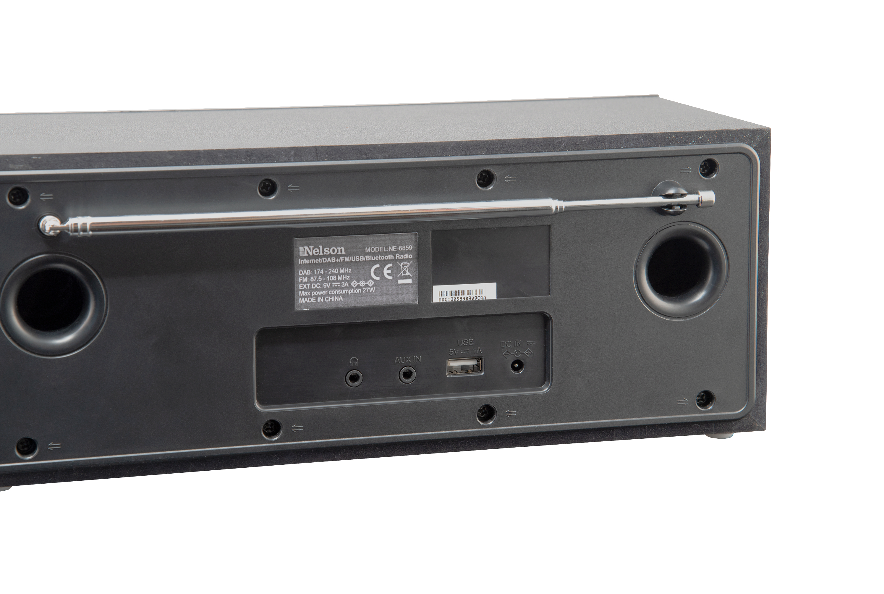 Rückseite einer schwarzen Soundbar mit Eingängen, einem USB-Anschluss und einer Antenne.
