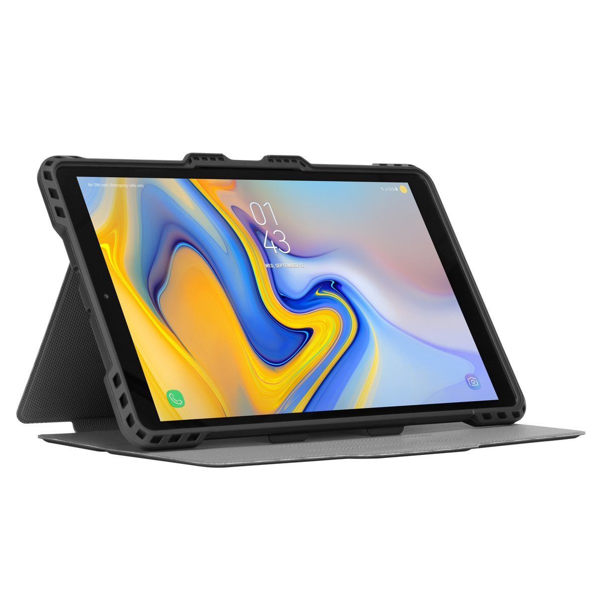 Tablet, schwarzes Gehäuse, Bildschirm an, Uhrzeit 01:43 und ein grünes Telefonsymbol.