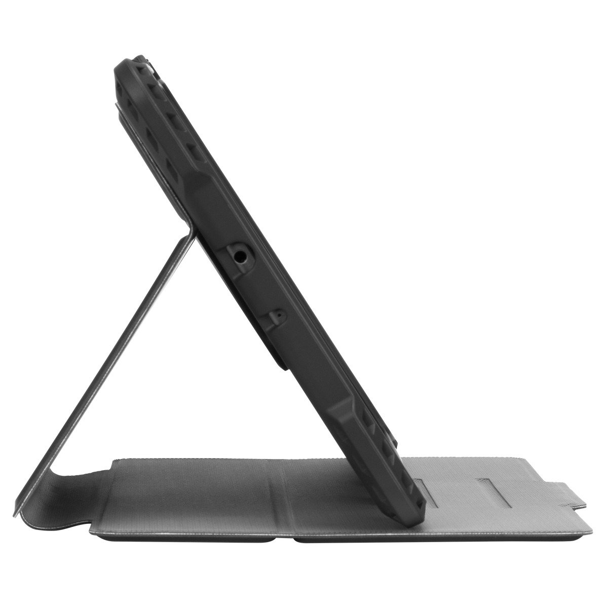 Schwarzes Tablet in einem Gehäuse, hochgestellt. Das Gehäuse ist grau.
