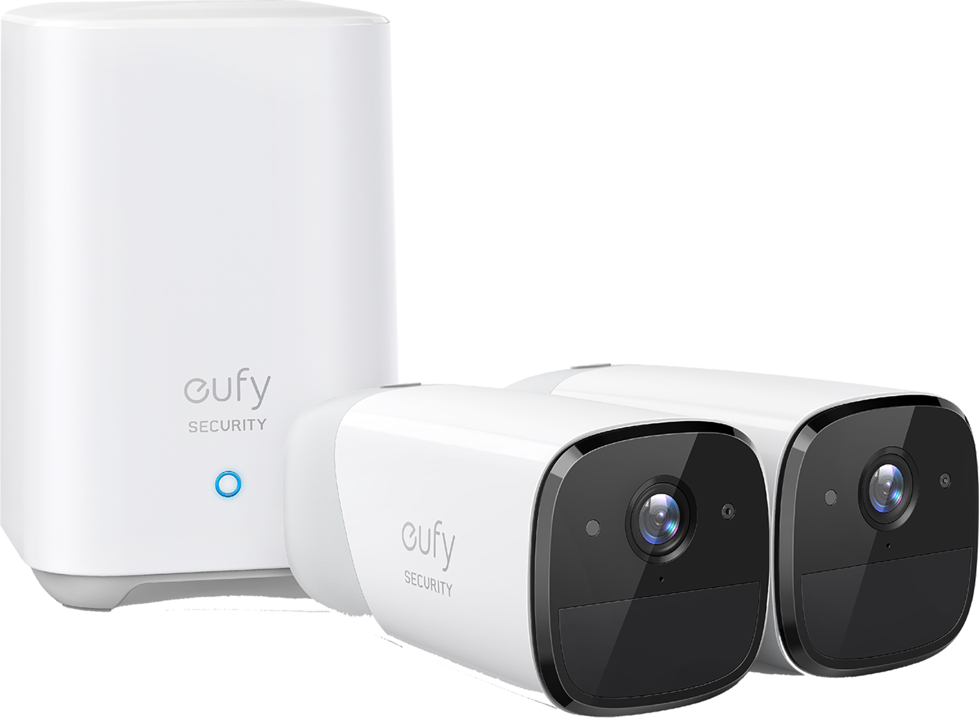 Wit huisbeveiligingssysteem met twee witte camera's. Het systeem is van het merk Eufy security.