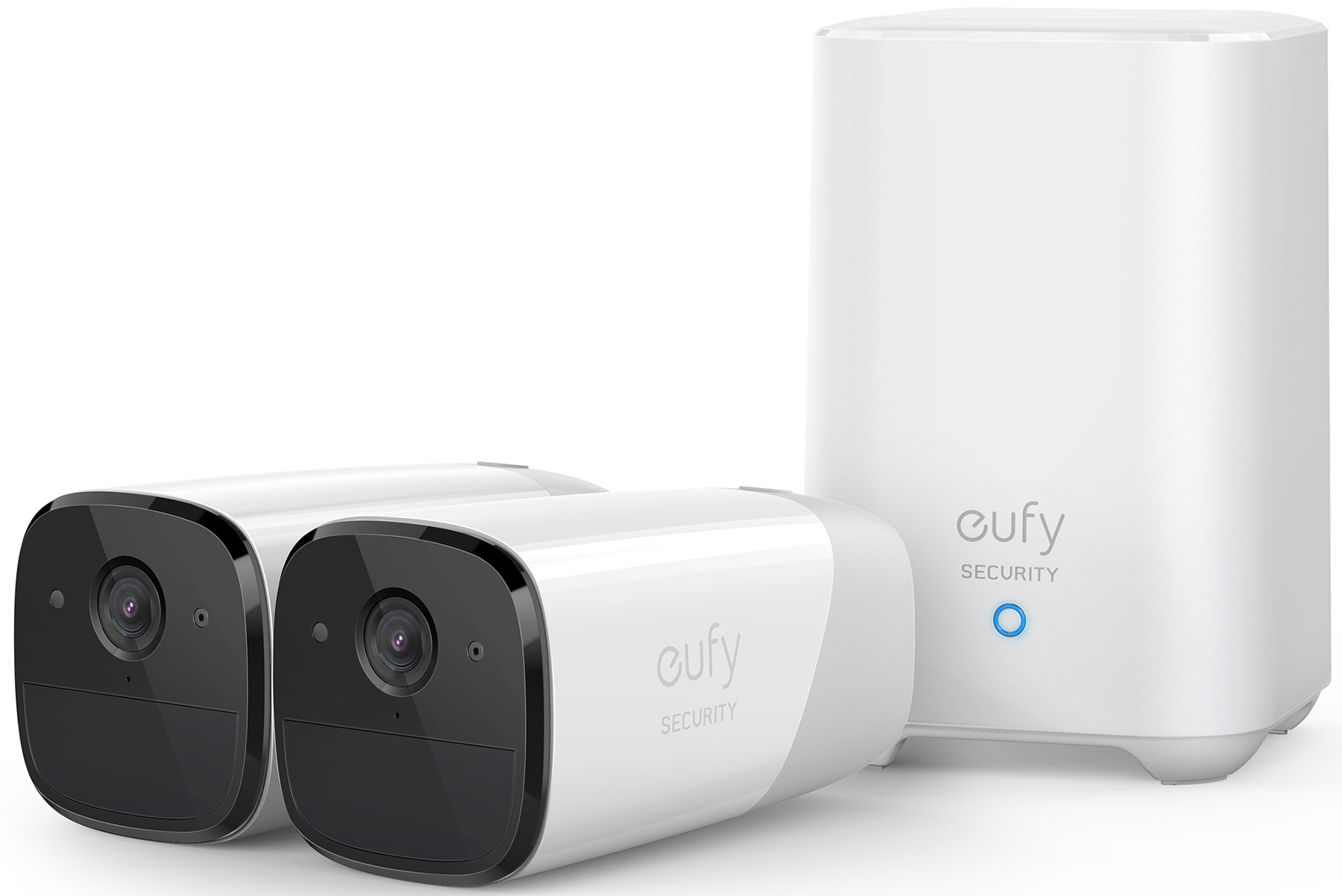 Twee witte beveiligingscamera's en een wit basisstation met het eufy-logo.