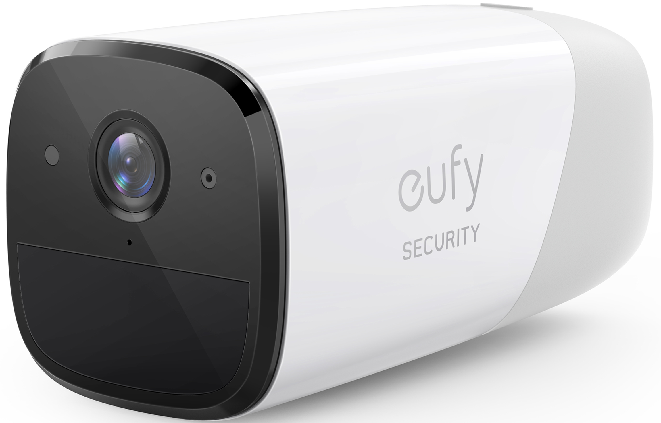 Eufy beveiligingscamera, wit en zwart, schuine weergave.