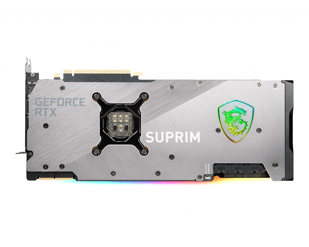 MSI Suprim Grafikkarte, silberne Backplate, GeForce RTX und ein Drachenlogo.