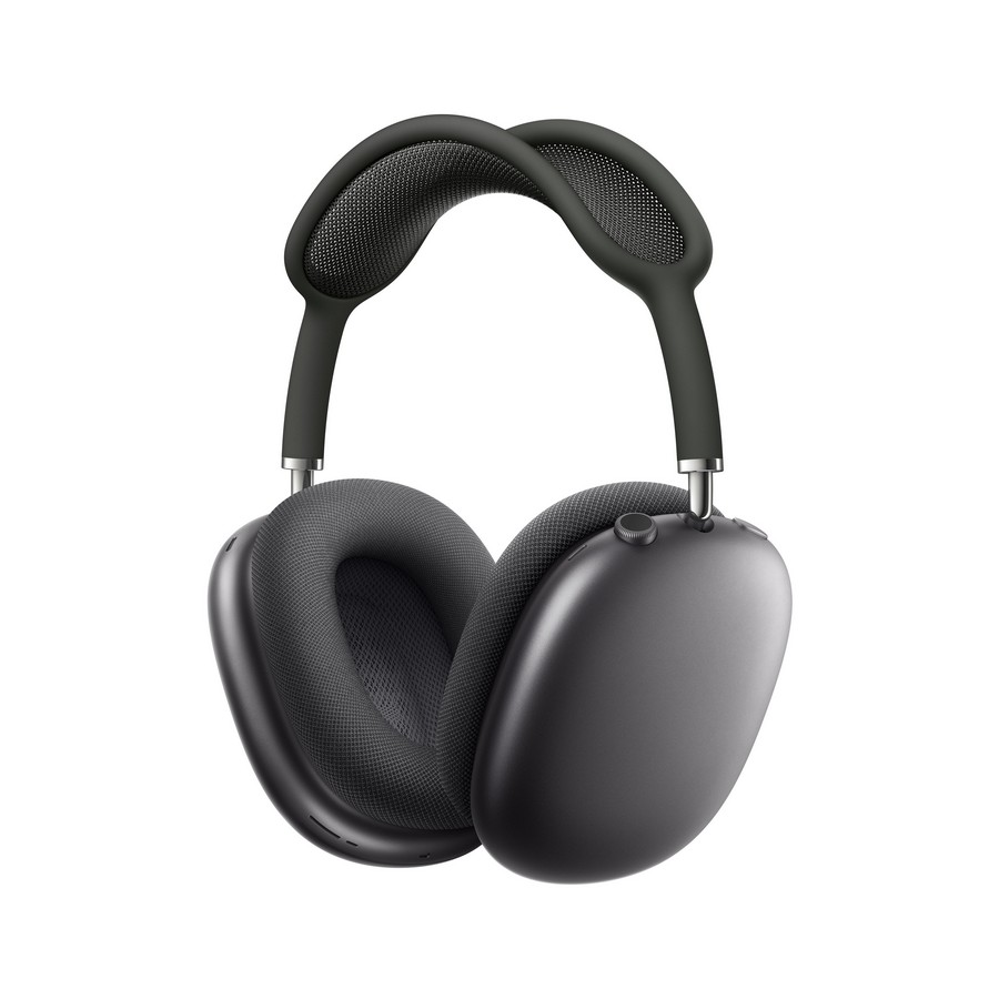 Un par de auriculares Apple AirPods Max grises, mostrados sobre un fondo blanco.