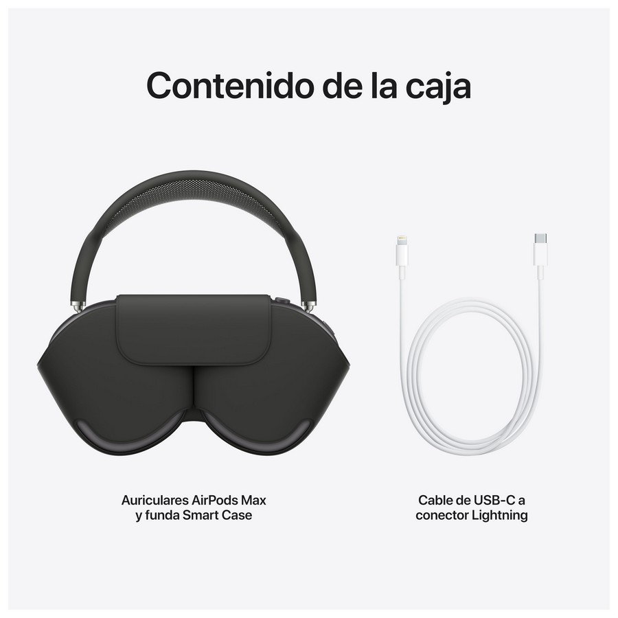 Auriculares AirPods Max negros, una funda Smart Case y un cable USB-C a Lightning blanco.