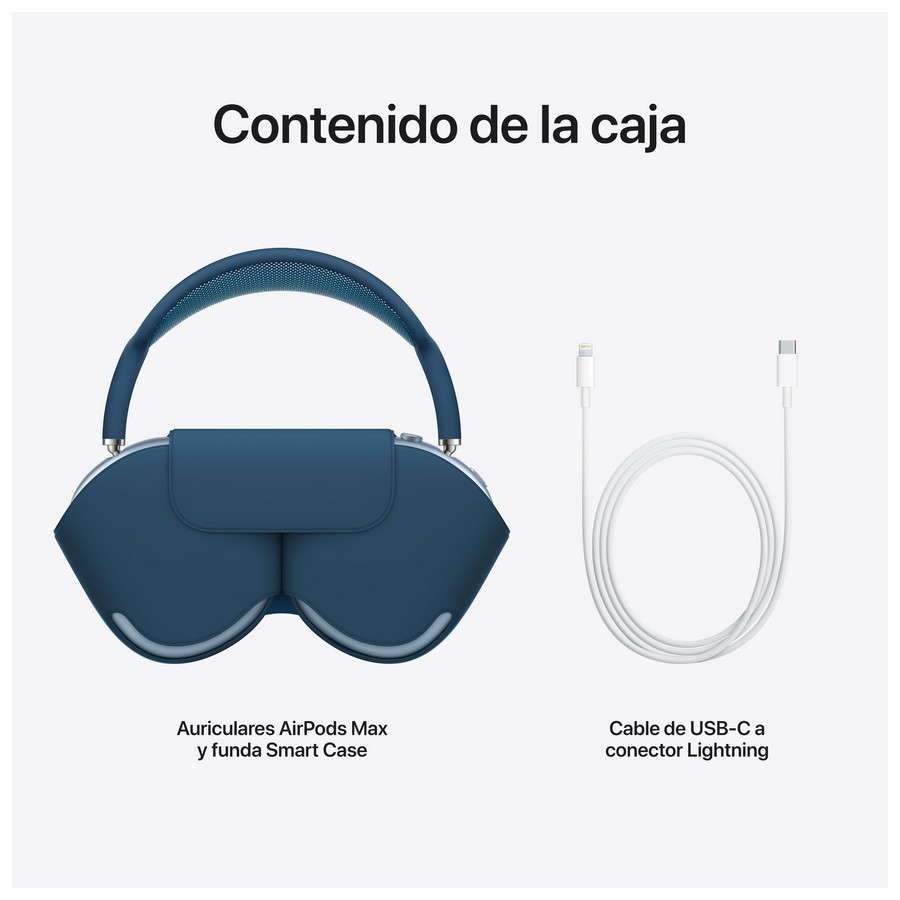 Auriculares AirPods Max azules y un cable de carga blanco en una caja, con etiquetas de texto.