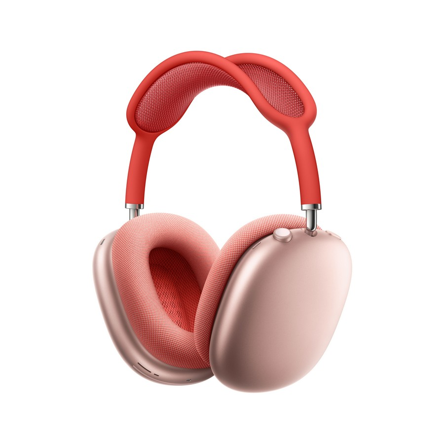 Auriculares Apple AirPods Max en rosa y rojo. Los auriculares son rosa claro, la diadema roja.