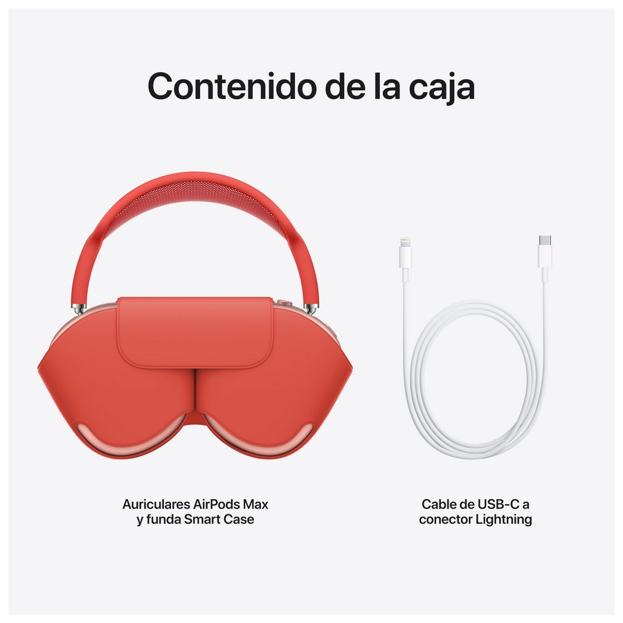 Auriculares AirPods Max rojos y un cable de carga blanco se muestran sobre una superficie blanca.