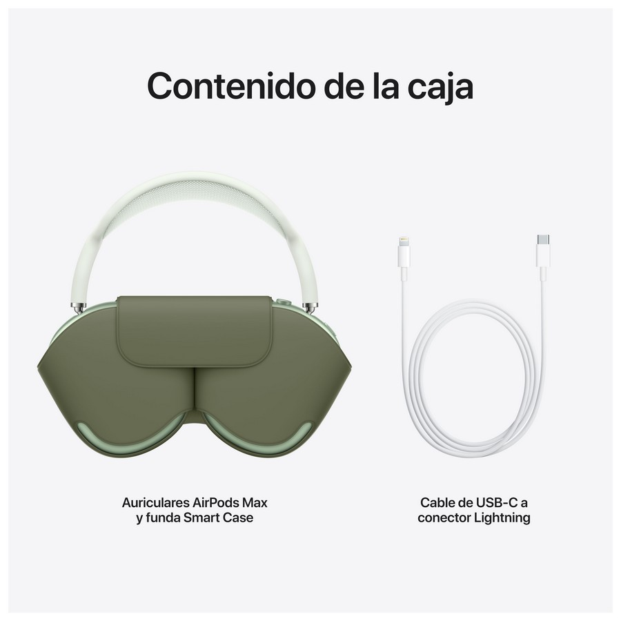 Un estuche AirPods Max verde oliva y un cable de carga blanco. Texto 'Contenido de la caja' arriba.