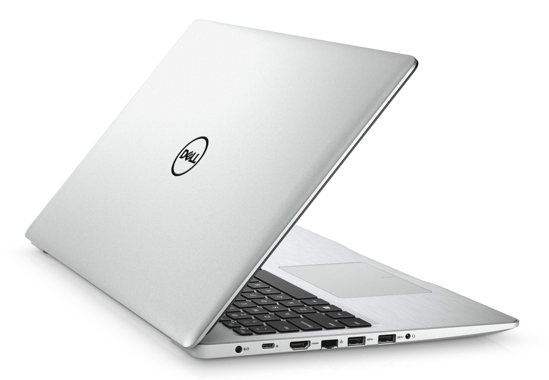 Dell Laptop, silberner Rücken, schwarze Tastatur und Dell-Logo.