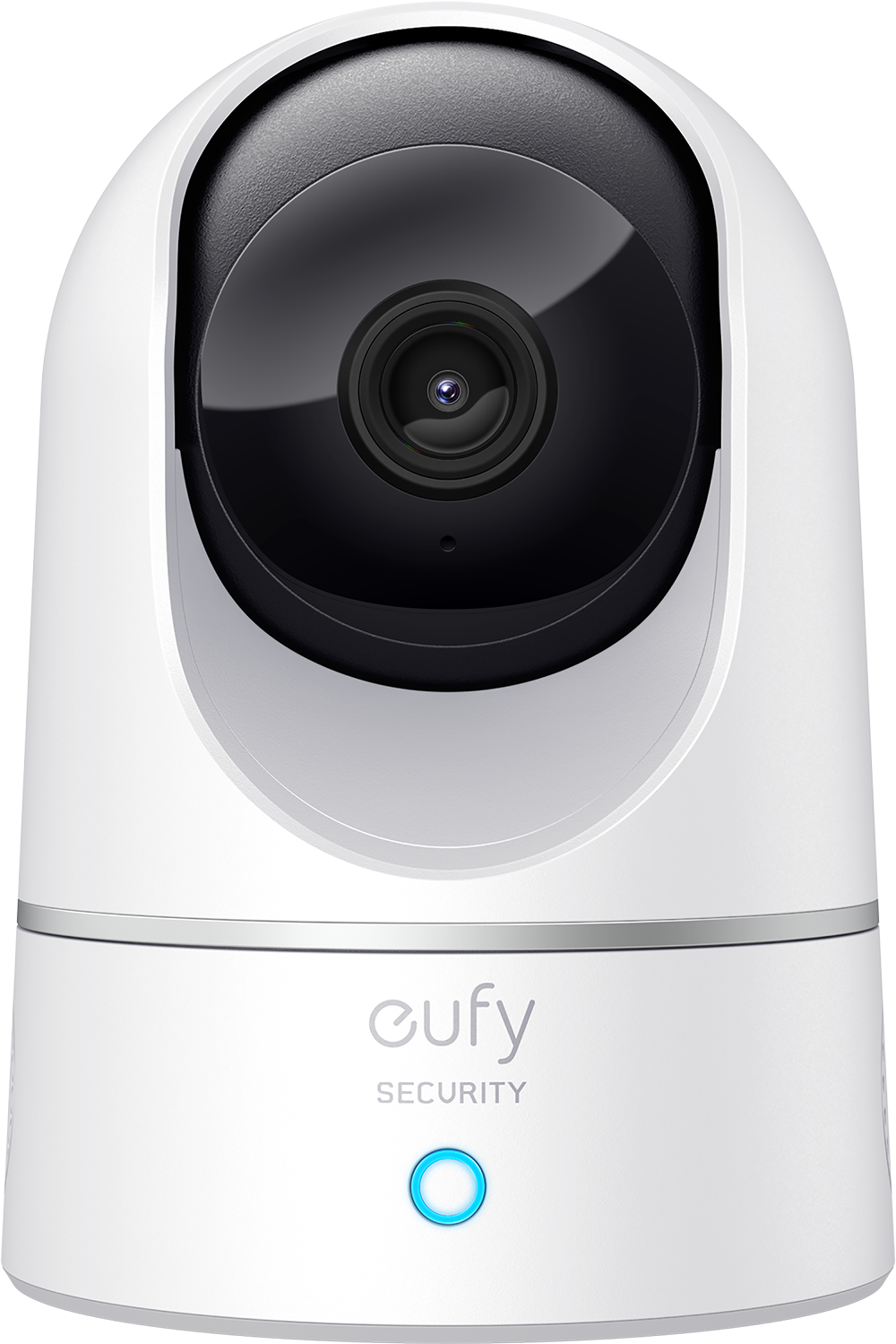 Een wit-zwarte beveiligingscamera met blauw licht en het woord 'eufy'.