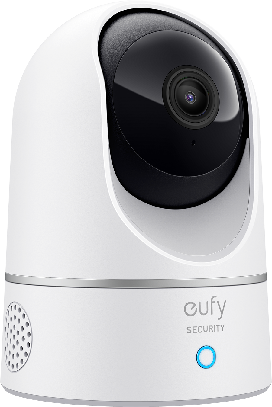 Een witte beveiligingscamera, met een zwarte lens, een blauw licht en het woord 'eufy'.