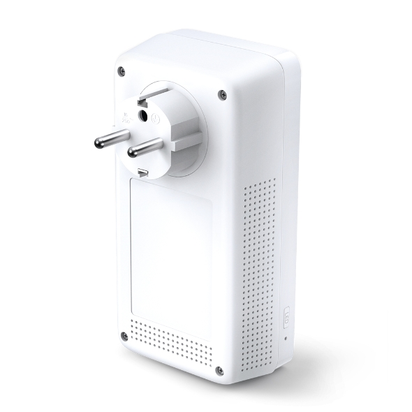 Witte stekkeradapter met drie pinnen en een geperforeerde achterkant.