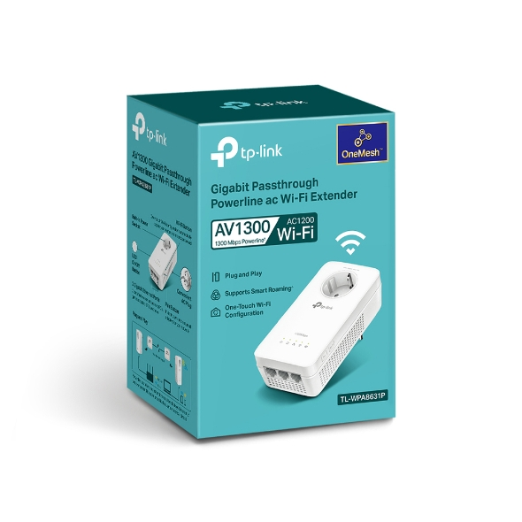 Powerline Wi-Fi extender box. Witte extender is zichtbaar in de doos.