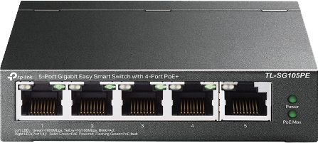 Een zwarte TP-Link 5-Poort Gigabit Easy Smart Switch met PoE+.