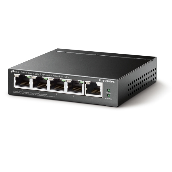 Zwarte TP-Link 5-poorts Gigabit Ethernet switch met poorten en lampjes.