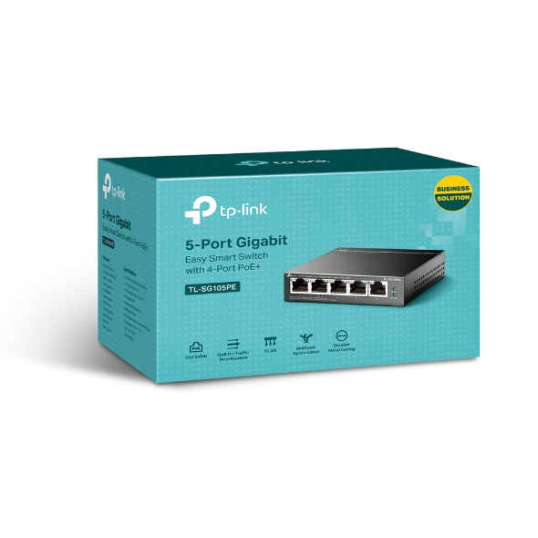 Doos met een TP-Link 5-poorts Gigabit switch. Tekst op de doos bevat modelnummer en 'Business Solution'.