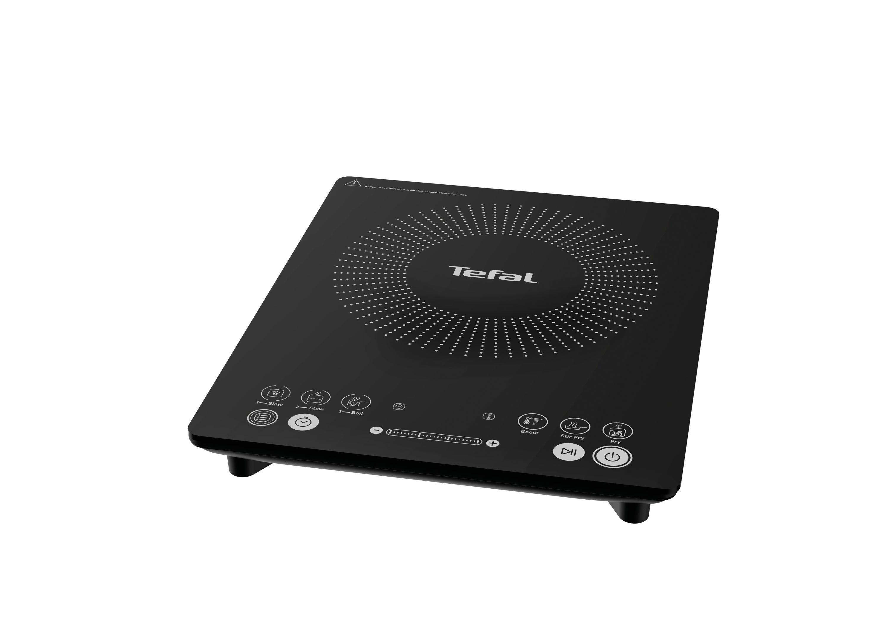 Schwarzes Tefal-Induktionskochfeld mit Steuertasten auf weißem Hintergrund.
