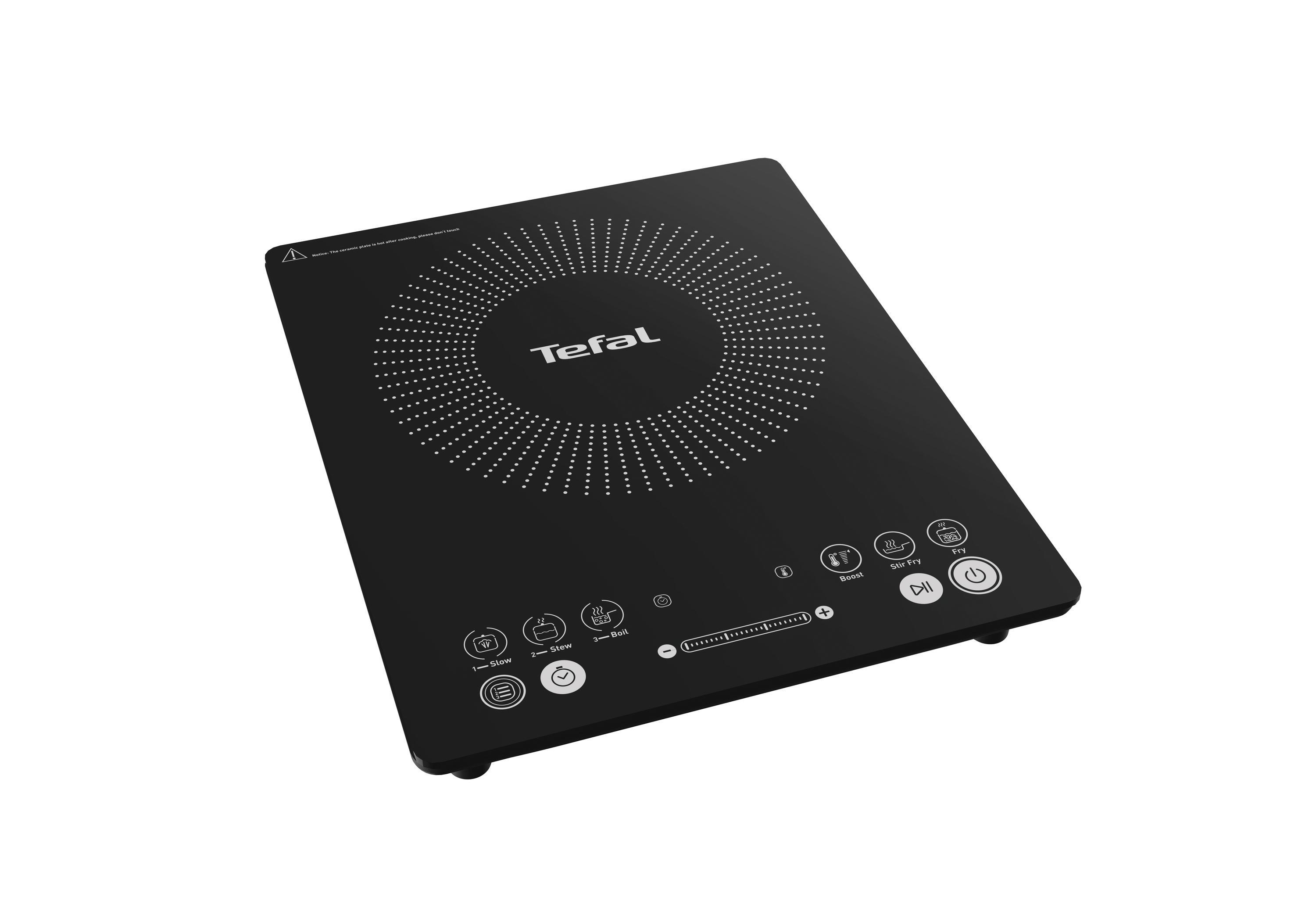 Ein schwarzes Tefal-Induktionskochfeld mit Touch-Bedienelementen auf weißem Grund.