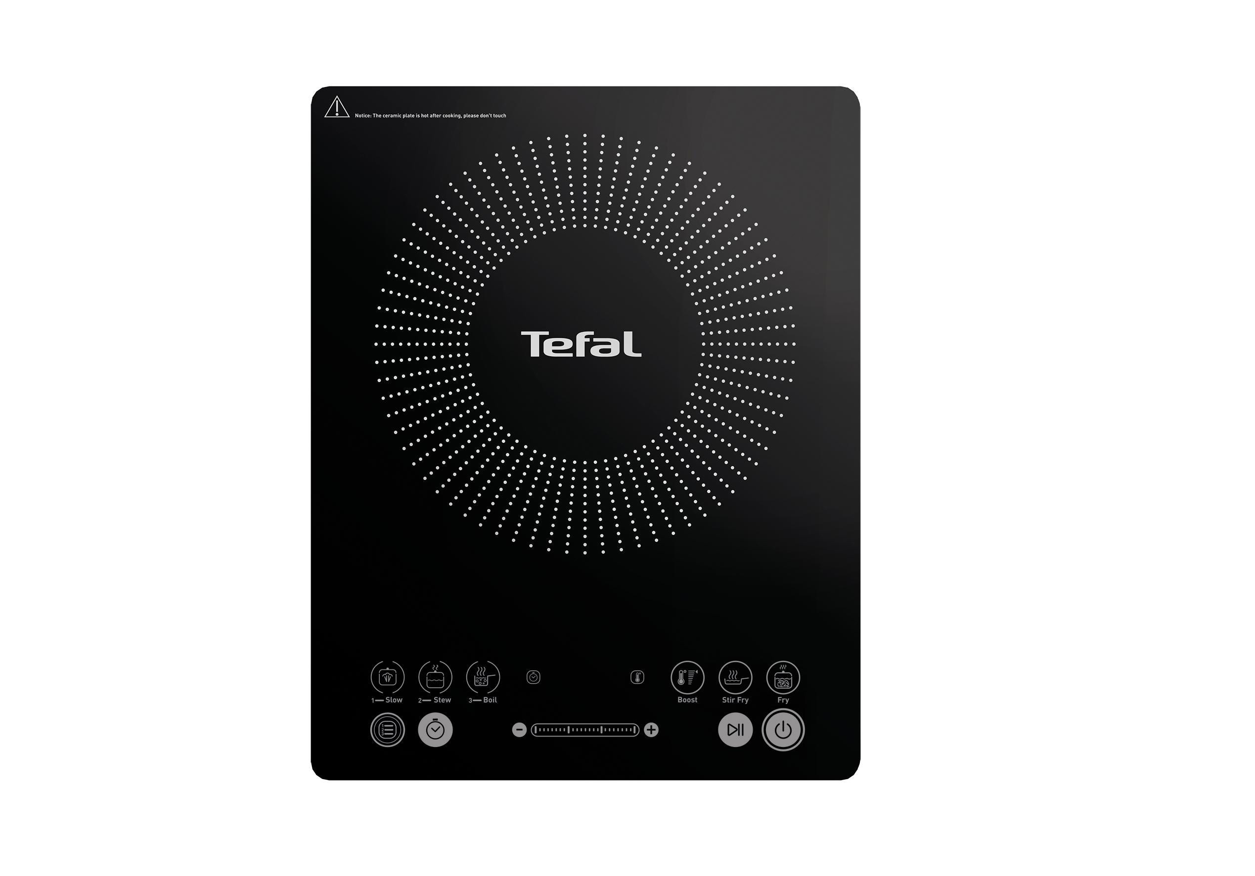 Schwarzes Tefal Induktionskochfeld, mit Touch-Bedienelementen und kreisförmigem Muster. Weißer Hintergrund.