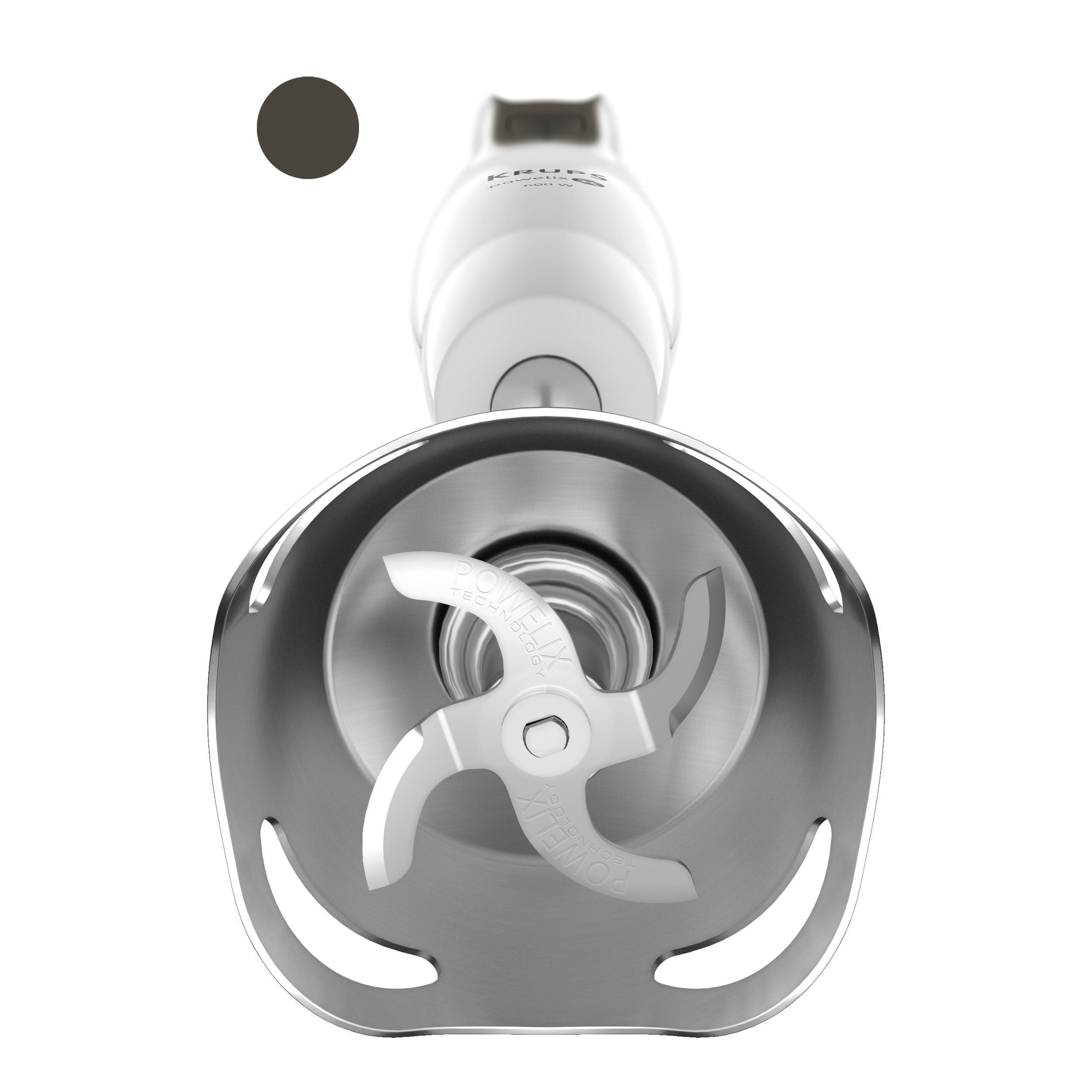 Ein weißer Stabmixer, Klingen im Fokus, mit einem schwarzen Kreis oben links.