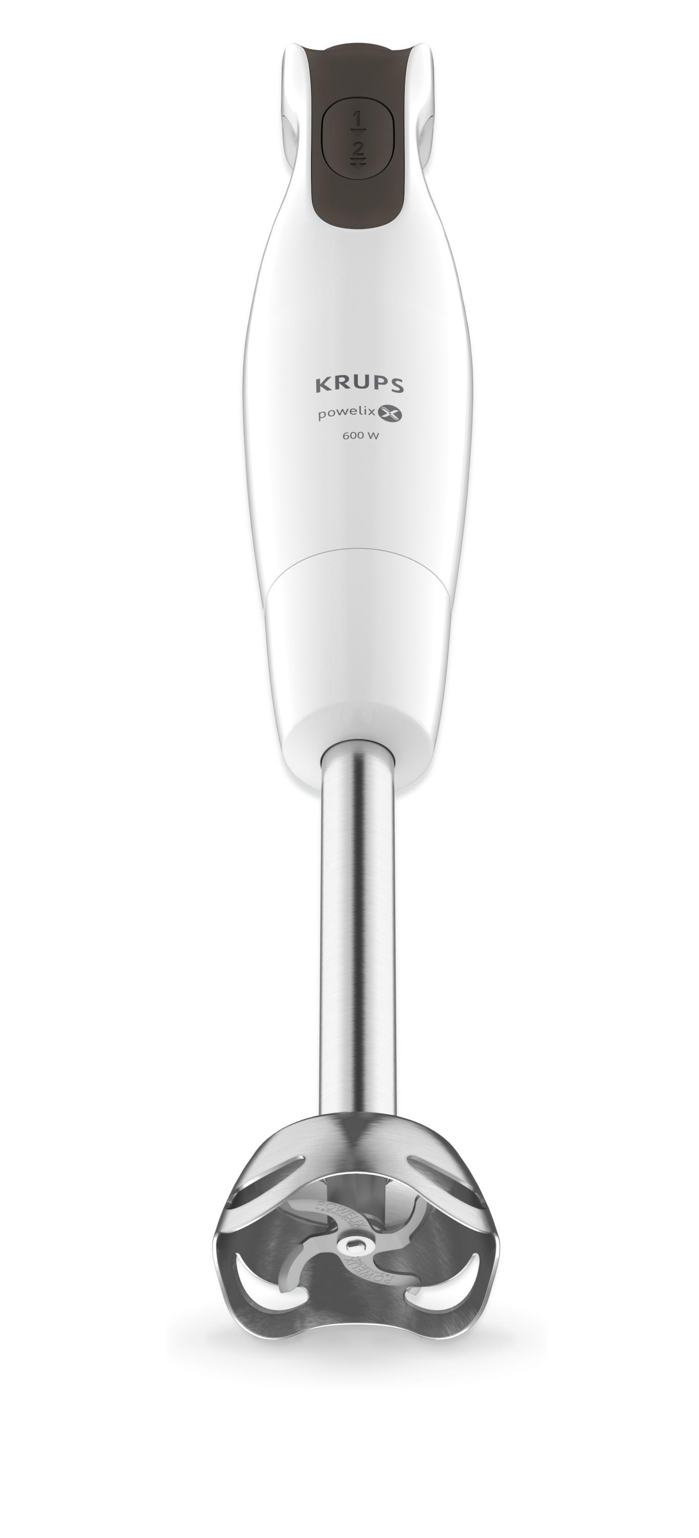 Ein weißer Handmixer mit schwarzen Knöpfen und einem Edelstahl-Mixkopf.
