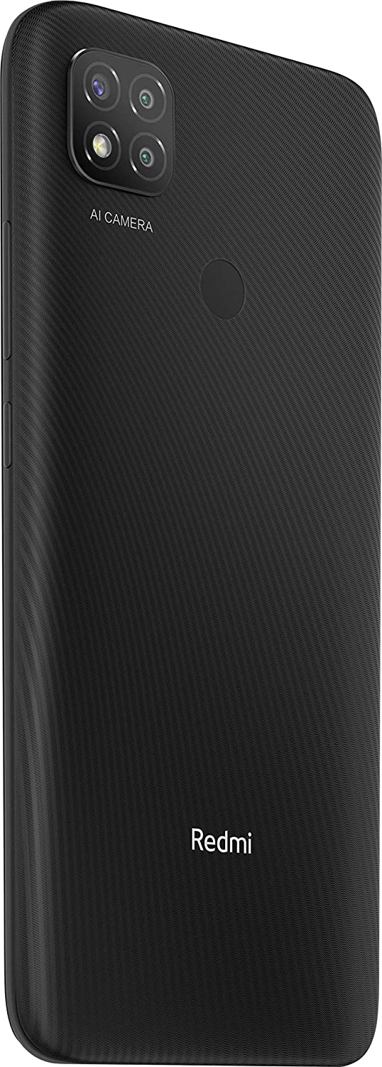 Teléfono Redmi negro, vista trasera, con cámara triple y logotipo Redmi. Fondo blanco.