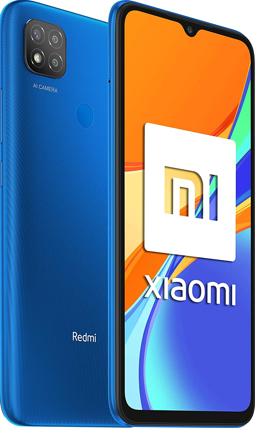 Se muestra un teléfono azul Xiaomi Redmi C9, con un logotipo blanco de Xiaomi en la pantalla.
