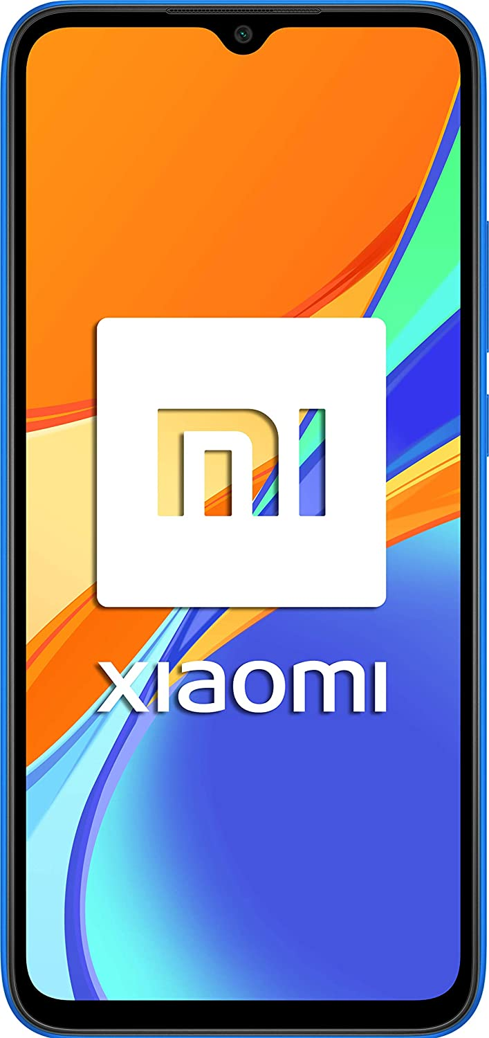 Un teléfono Xiaomi azul con un logotipo Xiaomi cuadrado blanco en la pantalla naranja y azul.