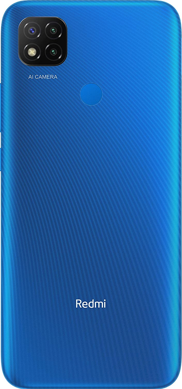 Smartphone azul con configuración de cámara cuádruple en la parte trasera, logo Redmi.