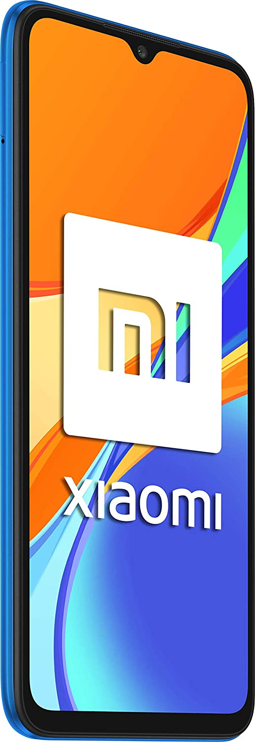 Smartphone azul con el logo de Xiaomi, cuadrado blanco sobre fondo naranja y azul.