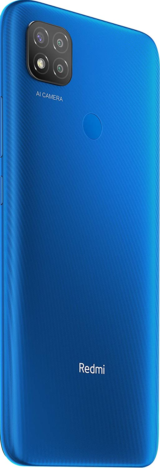 Un teléfono Redmi azul, con el módulo de la cámara en la parte trasera, y el logo 'Redmi' debajo.
