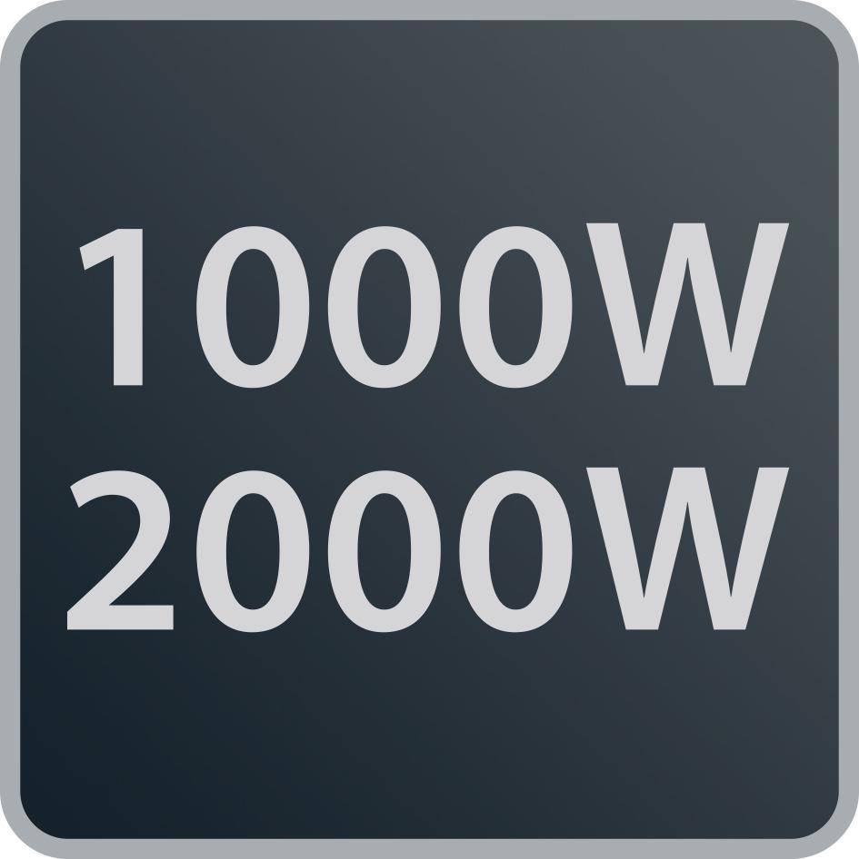 Ein schwarzes Quadrat mit dem Text '1000W' und '2000W' in Weiß, das die Leistung angibt.