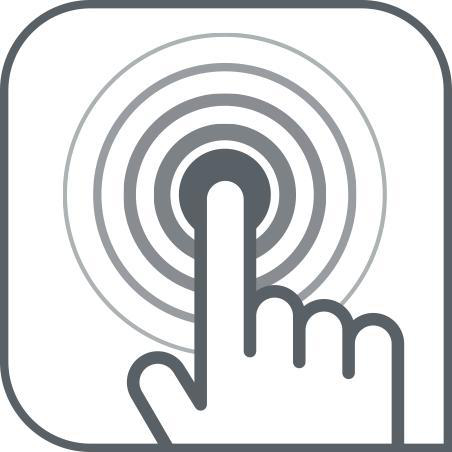 Eine Hand berührt einen Bildschirm mit dem Kreiskontur. Weißer Hintergrund.