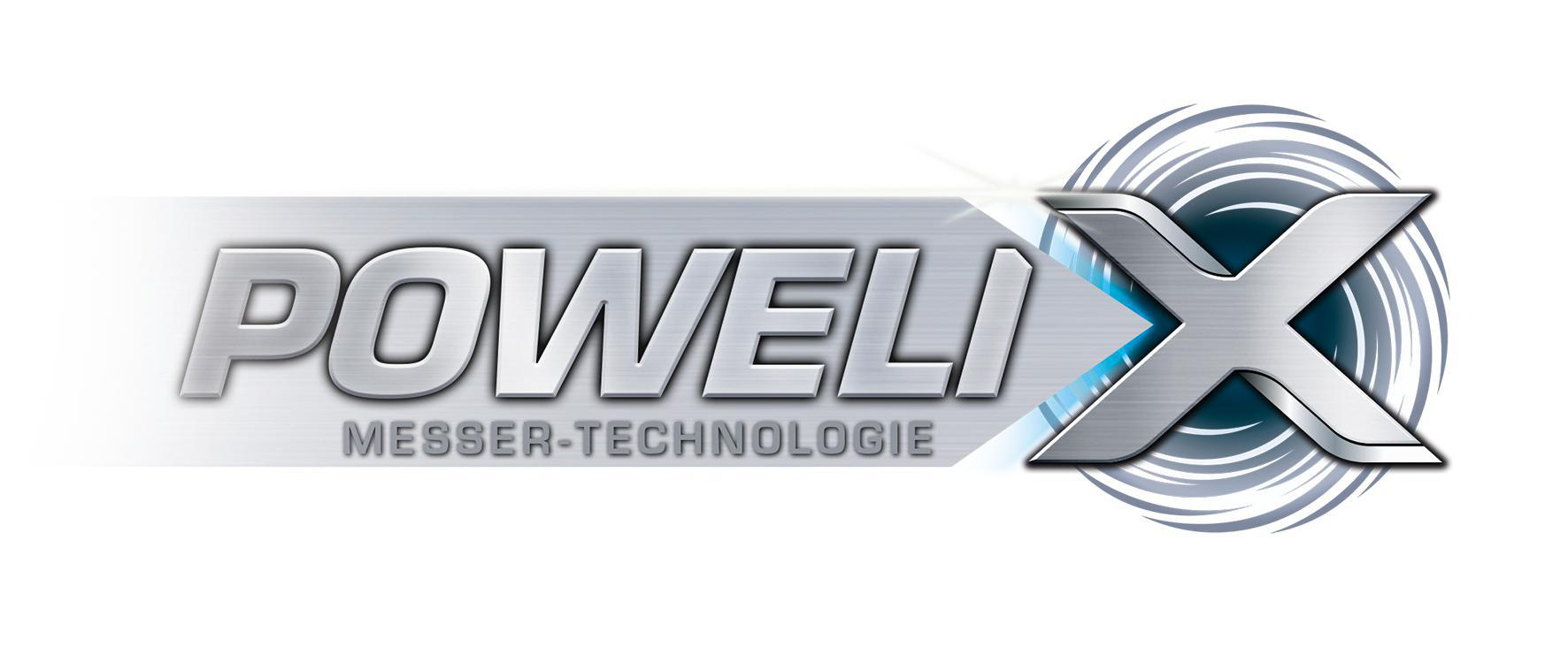 Silbernes 'PoweliX'-Logo mit Text 'Messer-Technologie' auf einem Gradienten-Hintergrund.