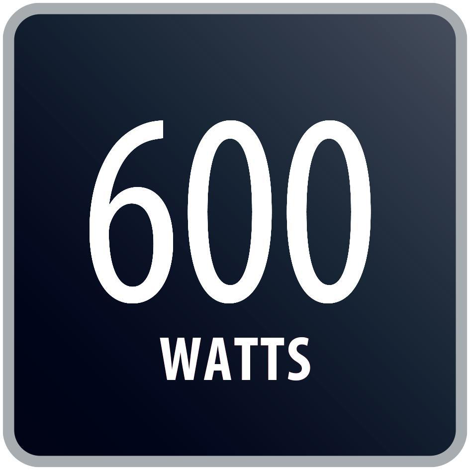 Eine quadratische schwarze Taste mit weißem Text "600 WATT".
